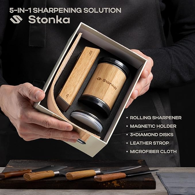 Stonka Oak Rolling Knife Sharpener Kit – Dual-Grit Diamond Wheels Kit (400/1000), Easy to Use Knife Sharpener Roller with Magnetic Holder with 15° & 20°, Leather Strap