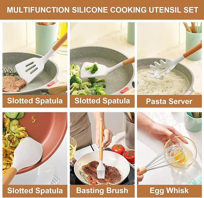 Silicone Cooking Utensils Kitchen Utensil Set - 446°F Heat Resistant Silicone Kitchen Utensils Set, Spatula,Turner Tongs, Spoon, Brush, Whisk,Kitchen Gadgets for Nonstick Cookware, BPA Free (White)