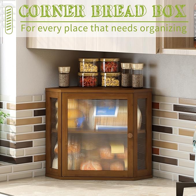 BMOSU Corner Bread Box for Kitchen Countertop Double Layer Bamboo Wooden Bread box Large Capacity Bread Storage Bin(Brown, Medium)