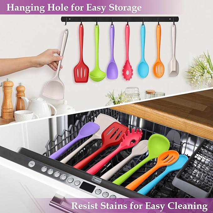 LIANYU 8Pcs Kitchen Cooking Utensils Set, Silicone Utensils Spatula Set, Heat Resistant Cooking Gadgets for Nonstick Cookware, Include Silicone Spoon, Turner, Spatula, Ladle, Multi-Color
