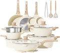 Kitchen Cookware Sets, 21 Pcs Pots and Pans Set Non Stick, Granite Induction Cookware With Steamer Basket, Nonstick Cooking Pot and Pan Set, 4-Cup Egg Pan Set, PFOS PFOA Free, Cream White