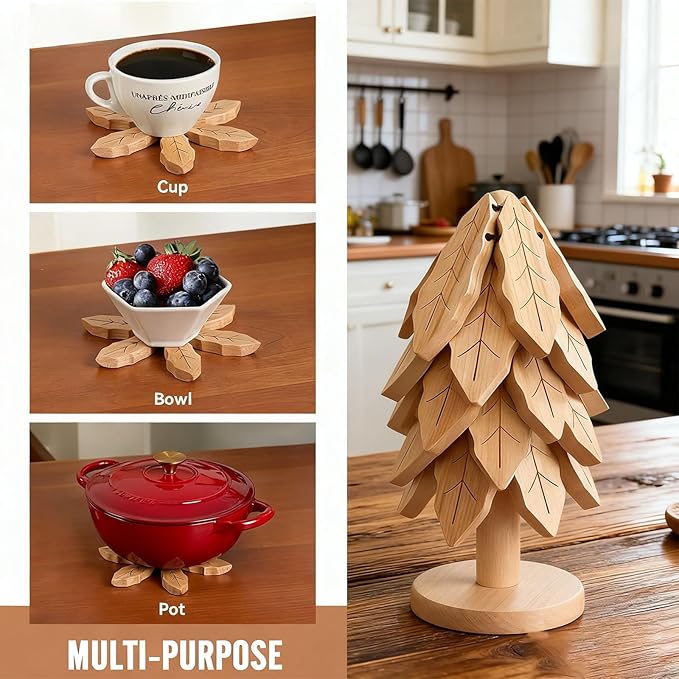 Wooden Trivets for Hot Dishes, 5Pcs Moso Bamboo Christmas Tree Coaster Set with Storage Stand for Pots, Pans & Plates