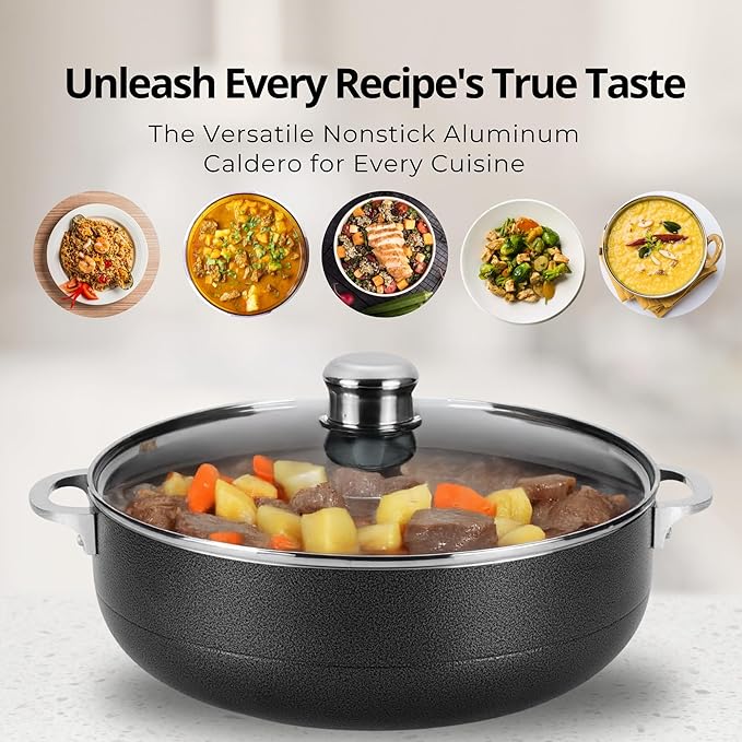 Alpine Cuisine 13-Quart Nonstick Aluminum Caldero Pot with Glass Lid & Riveted Handle | Heavy-Duty Cookware for Large Servings of Stew & Rice | Easy Clean, Black