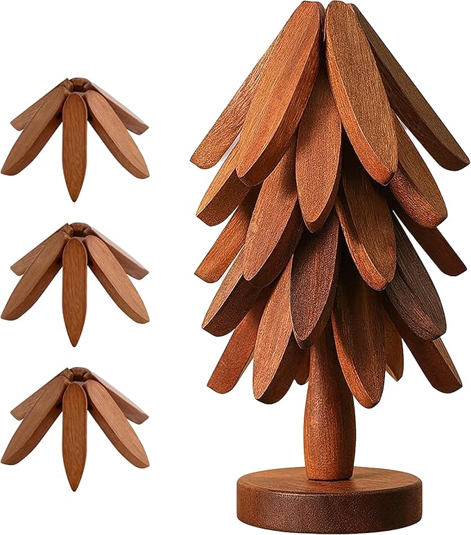 Natural Walnut Wood Tree Trivet Set – 3 Foldable Wooden Trivets with Stand, Handmade Heat Resistant Coasters for Hot Dishes, Pots & Pans, Premium Kitchen Décor Gift