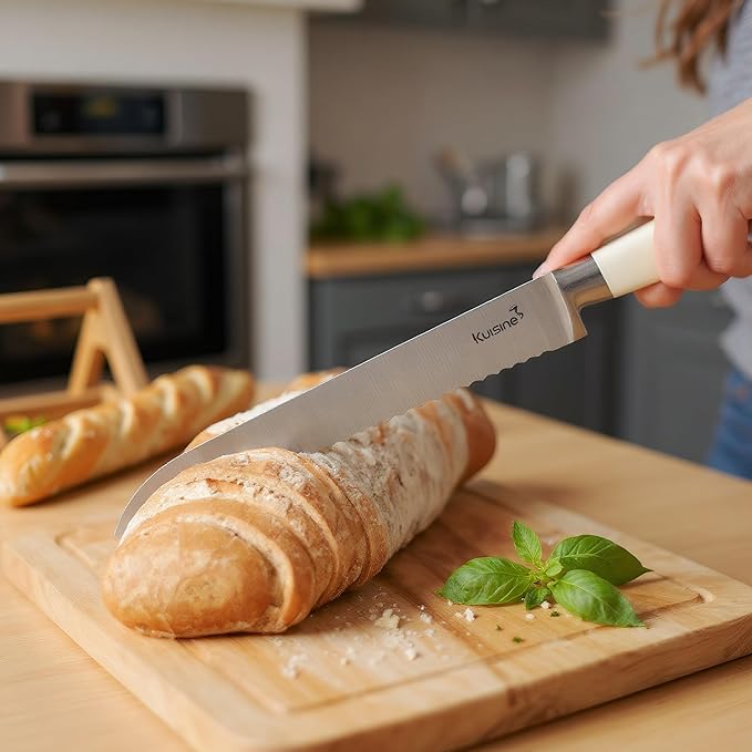 KUISINE Upgraded Knife Set High Carbon Stainless Steel Sharper Blade Ergonomic Handle,Knife Block Set with Built- in Sharpener(Ivory Pro Acacia,15PCS)