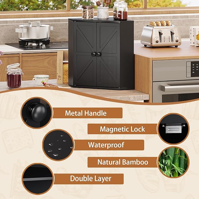 Corner Bread Box for Kitchen Counter Double Layer Bamboo Bread Storage Container Large Capacity Bread Storage Bin Farmhouse Breadbox Organizer (Black)