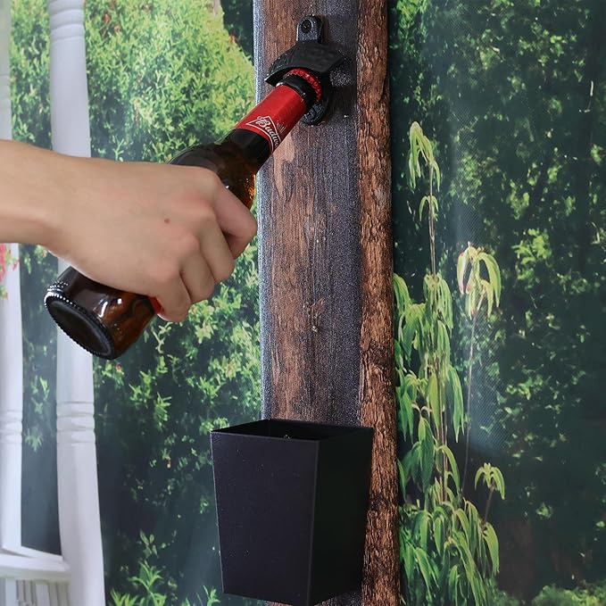 Satin Black Cast Iron Bottle Opener Wall Mounted with Bottle Cap Catcher Narrow