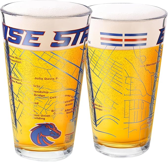 Greenline Goods – Boise State University Broncos College Pint Beer Glasses (Set of 2), 16 oz – Full-Color Logo + Campus Map