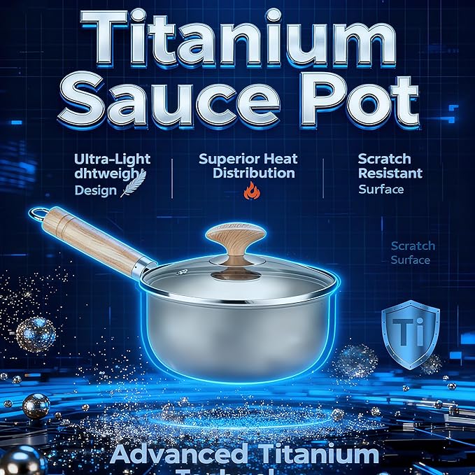 Tianium Sauce Pot with Lid,Nonstick 2.0 Quarts Small Pot With Handle,Pure Titanium Non-Coating Small Kitchen Cooking Pot, Light Weight,Easy to clean.