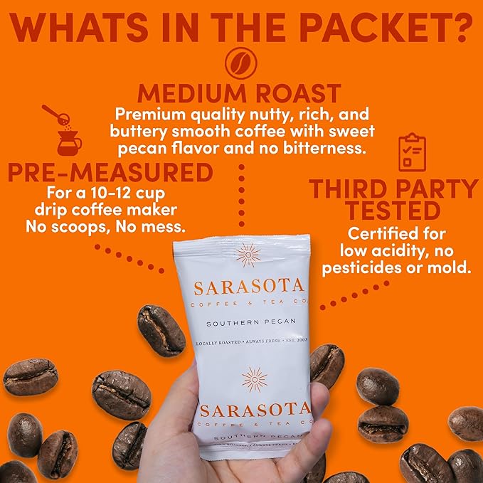 Butter Pecan Coffee Packs – Southern Texas Flavored Ground Coffee Packets | Gourmet Medium Roast, Low Acid, Mold Free | Pre-Measured 2.5 oz Single-Pot Fractional Packs for 12 Cup Brewers, 36 Count – Sarasota Coffee