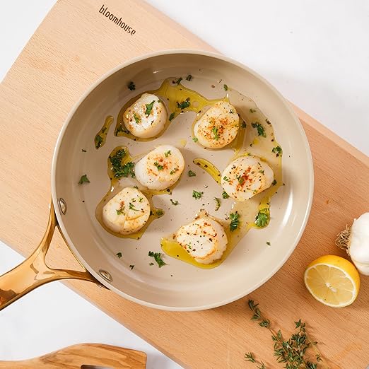 bloomhouse - Two Time Oprah's Favorite Things Winner - 8 Inch Heavy Duty Aluminum Premium PFA Free Ceramic Nonstick Saute/Deep Frying Pan Skillet - Almond Cream w/Gold Handle