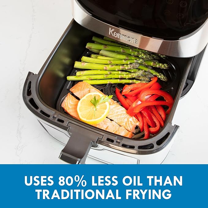 Kenmore 8 Quart Air Fryer - Aerogrill, Non-Stick Frying Basket, French Fry, Digital Touch Screen, 12 Presets, Freidora Eléctrica, Countertop Cooking Kitchen Appliance, Stainless Steel, Black