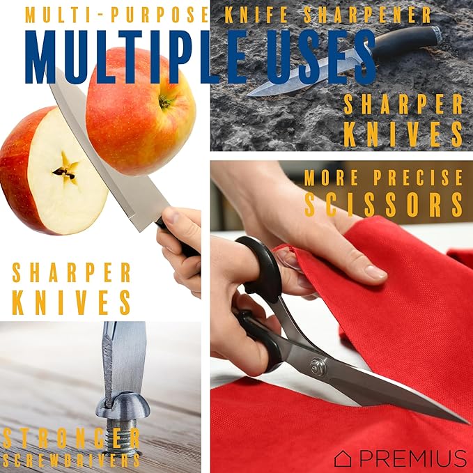 3-In-1 ELECTRIC KNIFE SHARPENER SYSTEM by PREMIUS, Great for Kitchen and Sport Knives, Scissors, Screwdrivers, 2-Stage Sharpening System Appliance, Compact Quick, Easy Design, Retractable Cord, Black