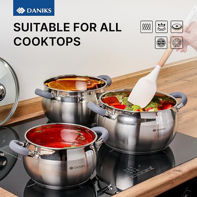 Daniks Modern 3 Quart Stainless Steel Stock Pot with Glass Lid, Tri-Ply Bottom for Even Heating, Induction Compatible, Dishwasher Safe, Heatproof Handles