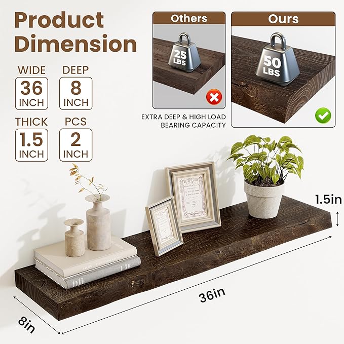 Floating Shelves, 8" Deep Rustic Solid Wood Wall Mounted Floating Shelves, Wall Shelves with Invisible Bracket for Living Room Bathroom Bedroom Kitchen, 36 Inch Set of 2, Walnut