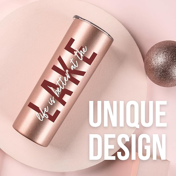 Onebttl Lake House Gifts for Women, 20oz Stainless Steel Insulated Tumbler, Housewarming Gifts for Lake Lovers - Rose Gold, Life is Better at the Lake 02