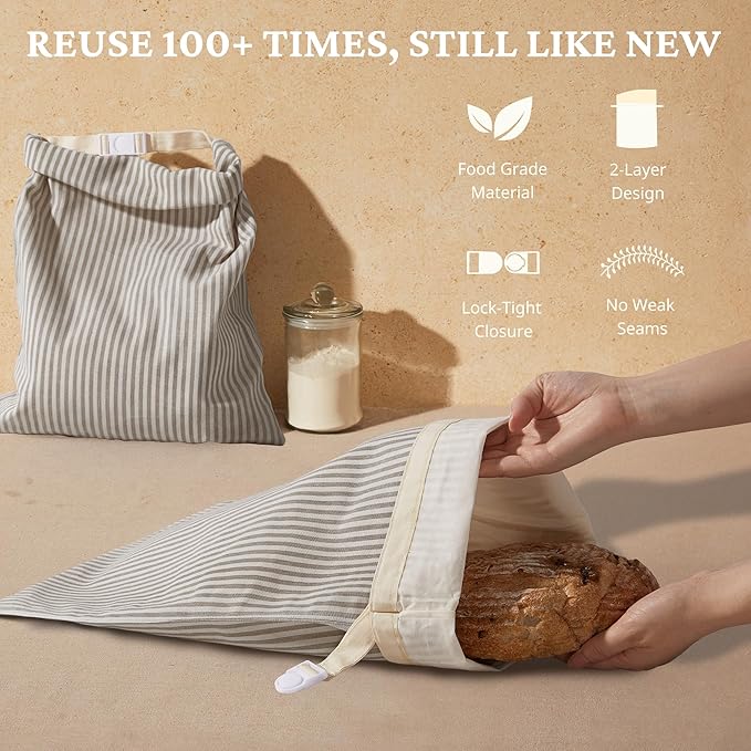 BRONYPRO Reusable Beeswax and Linen Bread Bags, 2-Pack Waxed Bread Bags for Homemade Bread & Sourdough, Sustainable Sourdough Loaf Storage to Lock in Freshness, Large 17x12.6in, Grey