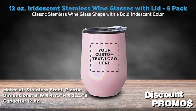 Custom Palmera Stemless Wine Tumblers with Lids 12 oz. Set of 6, Personalized Bulk Pack - Perfect for Wine, Cocktails, Other Hot & Cold Beverages - Iridescent Pink