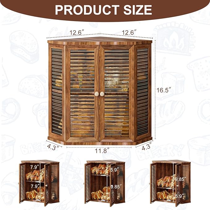 Corner Bread Box for Kitchen Countertop, Elegant Breadbox Organizer for Kitchen Countertop Cabinet 16.5in H,Large Double Layer Acacia Wooden Bread Storage Container with Glass Doors