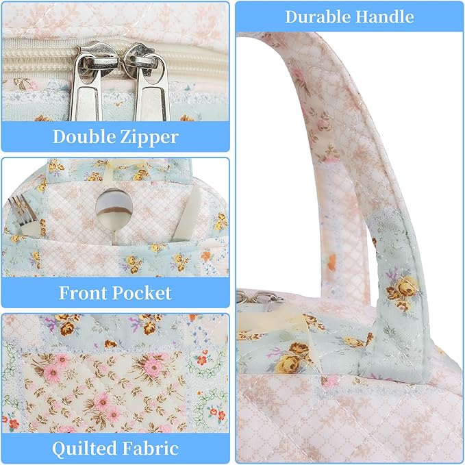 Quilted Lunch Box for Women,Cute Coloful Patchwork Lunch Bags for Work, School,Office,Picnic,Travel (coloful floral)