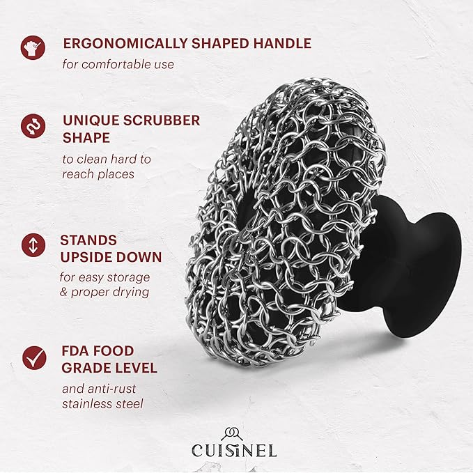 Cuisinel CAST IRON CHAINMAIL SCRUBBER AND PAN SCRAPER - DELUXE ERGONOMIC STAINLES