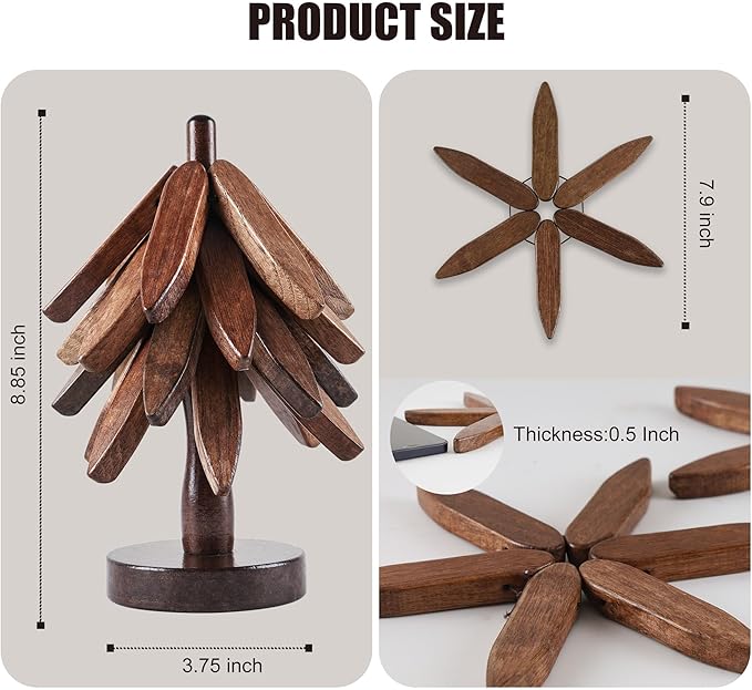 Wooden Trivets for Hot Dishes, Tree-Shaped Wooden Trivet Set, Includes 4 Trivets with Stand, Beech Wood (Walnut)