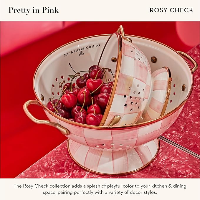 MACKENZIE-CHILDS Enamel Colander, Decorative Kitchen Strainer, Large, Pink-and-White Rosy Check