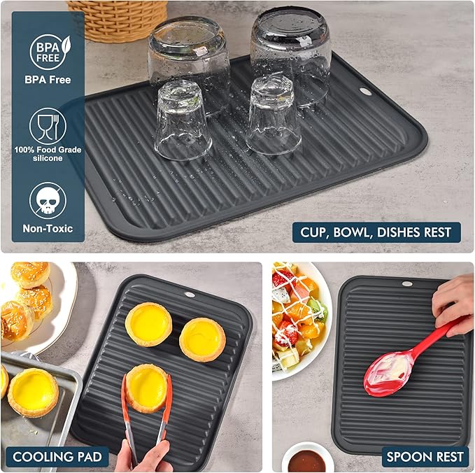 HOTEC BPA Free Silicone Trivets for Hot pots and Pans, 446℉ Heat Resistant for Kitchen Counter Dish Drying Mat, Set of 2 Dark Grey