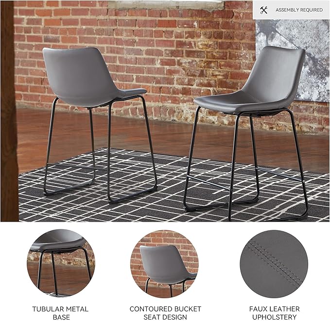 Signature Design by Ashley Centiar Modern Faux Leather 23.75" Counter Height Bucket Seat Barstool, Tubular Metal Base, Footrest for Comfort, Set of 2, Gray