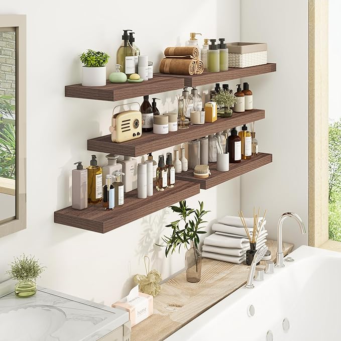 Fun Memories 16 Inch Floating Shelves for Wall, 9.3Inch Deep Floating Shelf, Extra Deeper & Thicker Wall Mounted Storage Shelf for Kitchen, Farmhouse, Walnut, 2 Pack