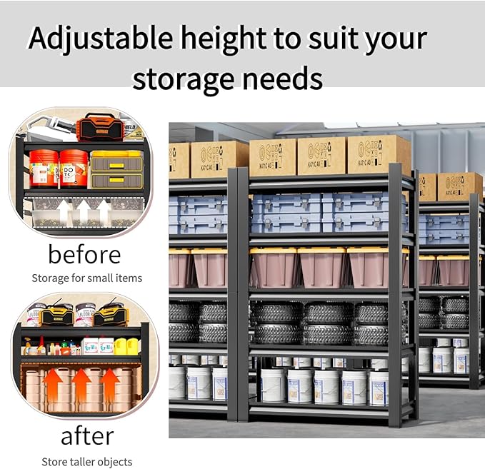 5-Tier Garage Storage Shelves,Heavy-Duty Unit with Wheels,Easy to Assemble Adjustable Metal Garage Shelving for Kitchen Warehouse Tool Room(Size:90cmX40cmX183cm)