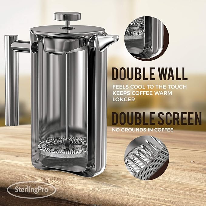 Stainless Steel French Press Coffee Maker Large 1 L(34 oz) Mirror – Durable Double Walled Insulated Coffee Press Keeps Drinks Hot, Easy to Use and Clean Stylish Design for Rich Flavor
