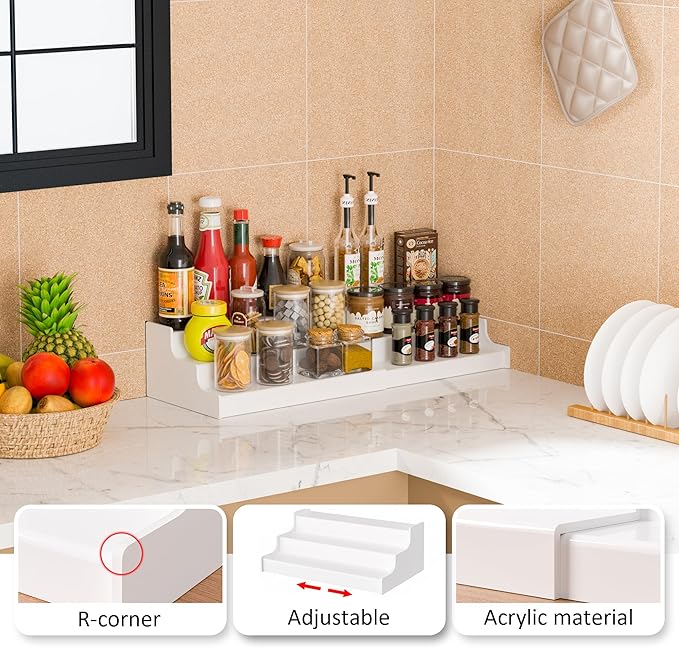 Expandable Spice Rack Cabinet Organizer 3 Tier, White Kitchen Counter Display Shelf, Seasoning Organizer for Cabinet, Moisture Resistant