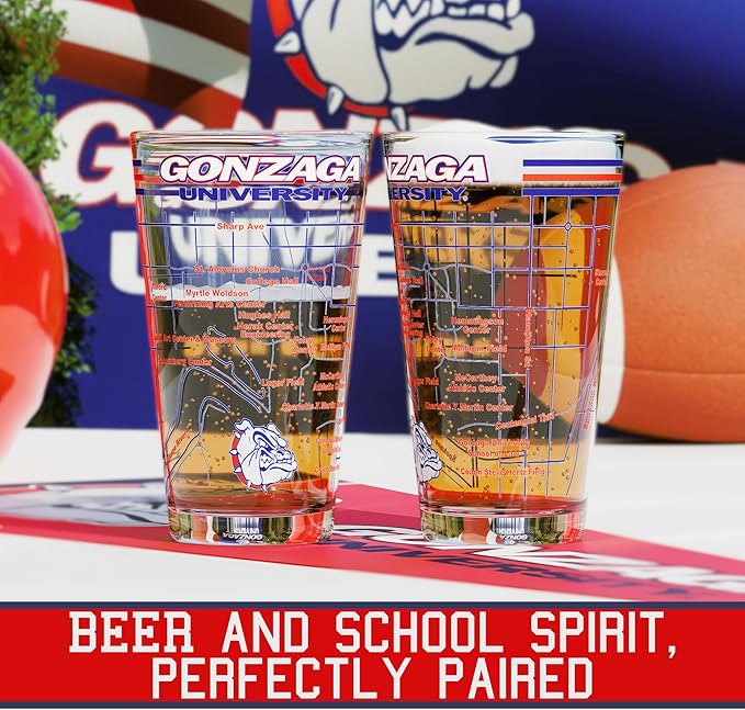 Greenline Goods – University of Gonzaga Bulldogs College Pint Beer Glasses (Set of 2), 16 oz – Full-Color Logo + Campus Map