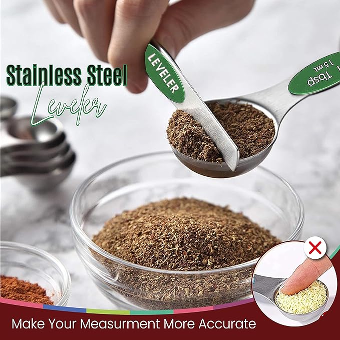 Magnetic Measuring Spoons Set of 9 Stainless Steel Dual-Sided Stackable Measuring Spoon Nesting Teaspoons Measuring Dry and Liquid Ingredients, Fits in Spice Jars Set of 9 (Green)