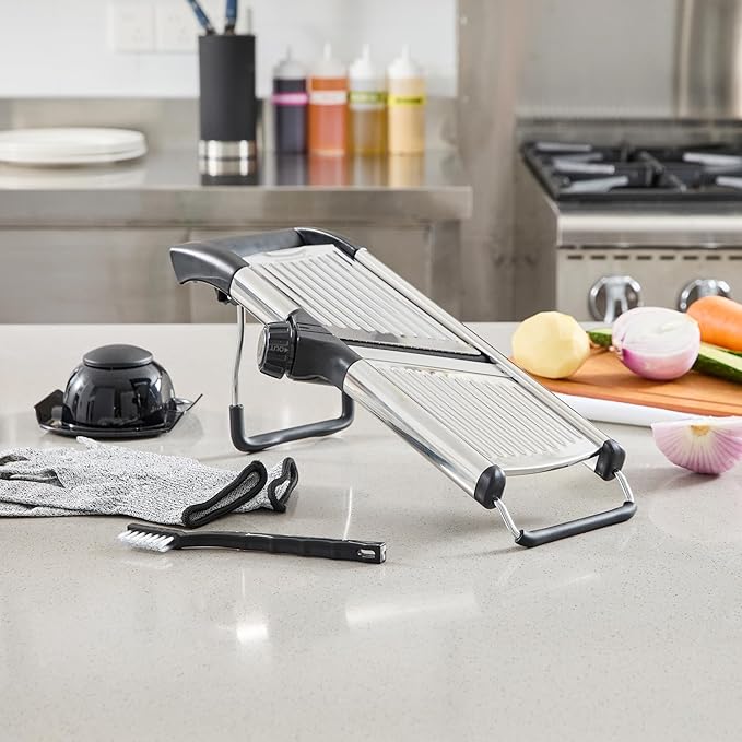 Restaurantware Stainless Steel Adjustable Mandoline Slicer - German Standard Vegetable Slicer with Blade Guard, Cut-Resistant Gloves, Cleaning Brush - Food Slicer for Potato, Onions, Cucumbers, Tomato