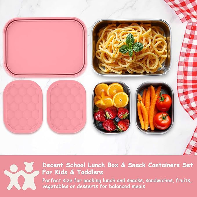 Homikit 3 Pack Kids Lunch Box Set, 18/10 Stainless Steel Bento Boxes with Silicone Lids Leak Proof, 5 Cups Reusable Metal Food Snack Containers for School Daycare, Nontoxic & Dishwasher Safe, Pink