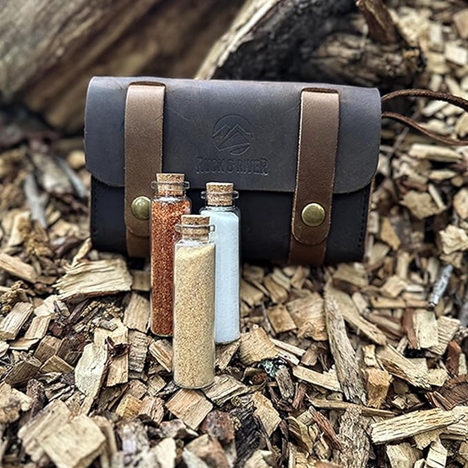 Ruck & River Leather Spice Wallet Spice Rack - 6 Spice Jars, Portable Seasoning Storage Organizer, Seasoning Bottle Holder, Condiment Container Set for Outdoor Camping BBQ Picnic