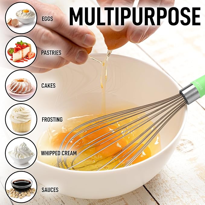 Zulay Kitchen Stainless Steel Balloon Whisk 12 Inch – Heavy Duty and Durable Wire Whisk with Non-Slip Silicone Handle for Blending, Whipping & Beating - Green