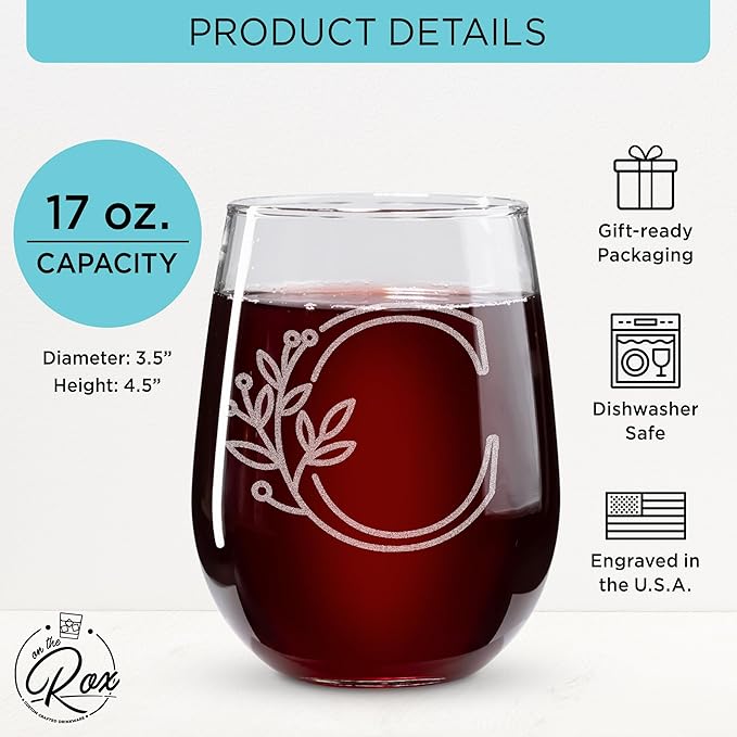 On The Rox Drinks Monogrammed Gifts For Women and Men - Letter A-Z Initial Engraved Monogram Stemless Wine Glass - 17 Oz Personalized Wine Gifts For Women and Men (C)