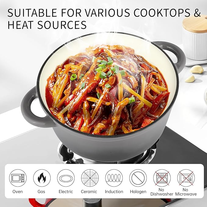 6 Quart Enameled Cast Iron Dutch Oven Pot with Lid, Oven Safe up to 500°F or on Stovetop, Non-stick Dutch Oven for Bread Baking, Cooking, Dual Handles Cookware, Grey