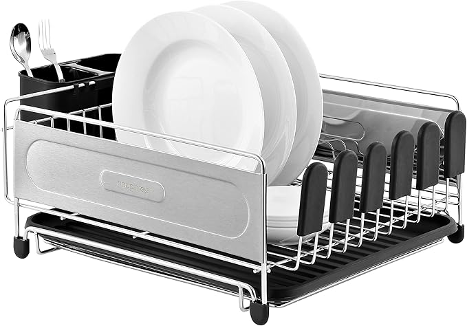 happimess DSH1000A Compact 17.25' Fingerprint-Proof Stainless Steel Dish Drying Rack, Dish Rack with Wine Glass Holder, Utensil Holder, Stainless Steel/Black, Silver/Black