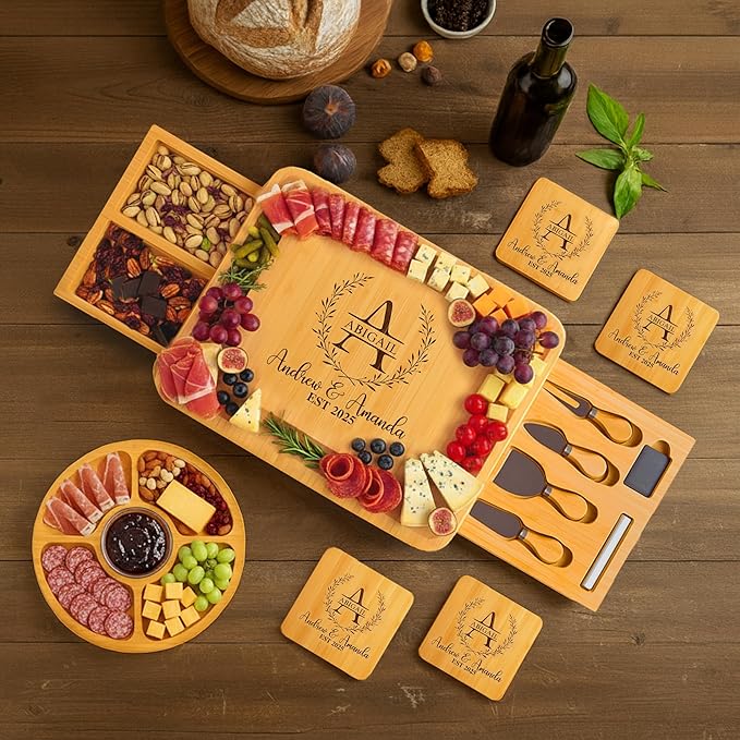 Personalized Bamboo Charcuterie Board Set with Fruit Tray - House Warming Gifts New Home, Gift for Couple, Wedding, Christmas, Anniversary, Housewarming, Bridal Shower Gift