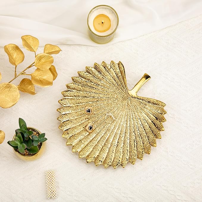 Gold Leaf Decorative Serving Tray for Table Centerpiece 10"+12" Ceramic Leaf-Shaped Trinket Dish, Candle Tray, Vanity Organizer, Coffee Table Decor, Modern Glam Home Decor, Gifts for Women