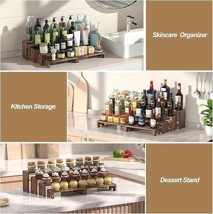 Large Wooden Tiered Riser Stand for Vendor Booth Events, Stackable Cupcake & Dessert Display, Farmhouse Decor Table Set, Food Display Items for Party (12-11.2-10.4-9.6IN), 2 Set