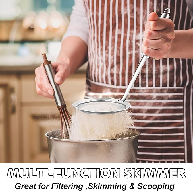 Anaeat 5.5" Stainless Steel Fat Skimmer Spoon - Professional Kitchen Fine Mesh Food Strainer and Hot Pot Skimmer with Long Handle for Skimming, Cooking, Frying, Grease, Gravy and Foam