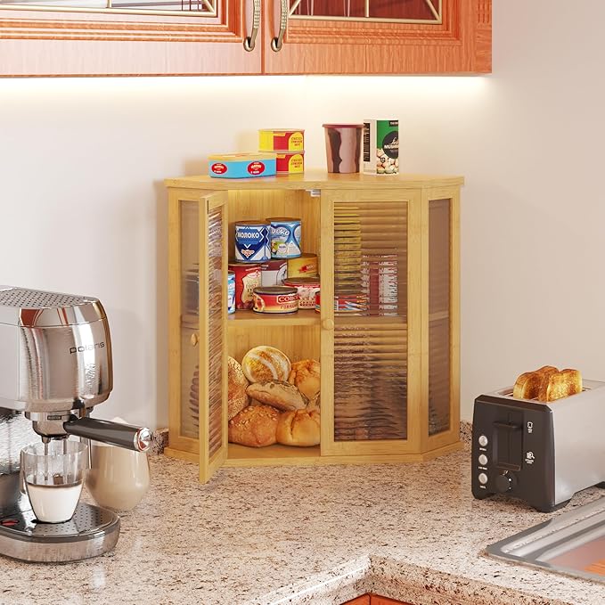 Extra Large Corner Bread Box for Kitchen Countertop, 16.5 inch Bamboo Double Layer Bread Storage with Glass Wavy Door Panel, Eco-Friendly and Stylish Design