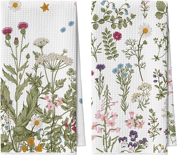 Artoid Mode Wildflower Floral Spring Kitchen Towels Tea Towels, 18x30 Inch Oversize Quick Dry Microfiber Cloth Dish Towels for Kitchen Drying Set of 2