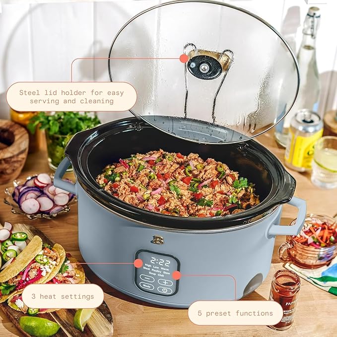 Beautiful 6 Qt Programmable Slow Cooker by Drew Barrymore - 5 Preset Cooking Functions, Digital Countdown Timer, Dishwasher-Safe Parts, and Cool-Touch Handles (Cornflower Blue)