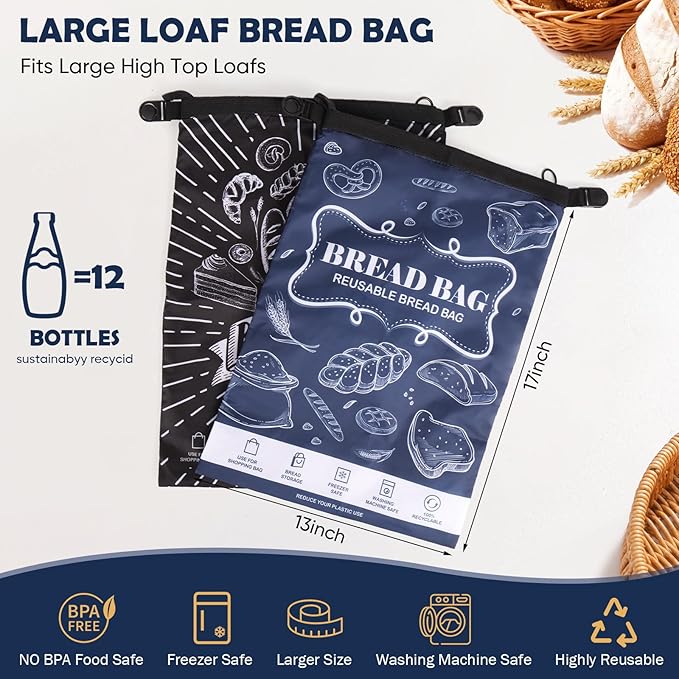 Bread Bag, 2 Packs Reusable Sourdough Storage Bag With Zipper for Homemade Loaf- Large Freezer Container Bread Box to Keep Bread Fresh (Black, L)